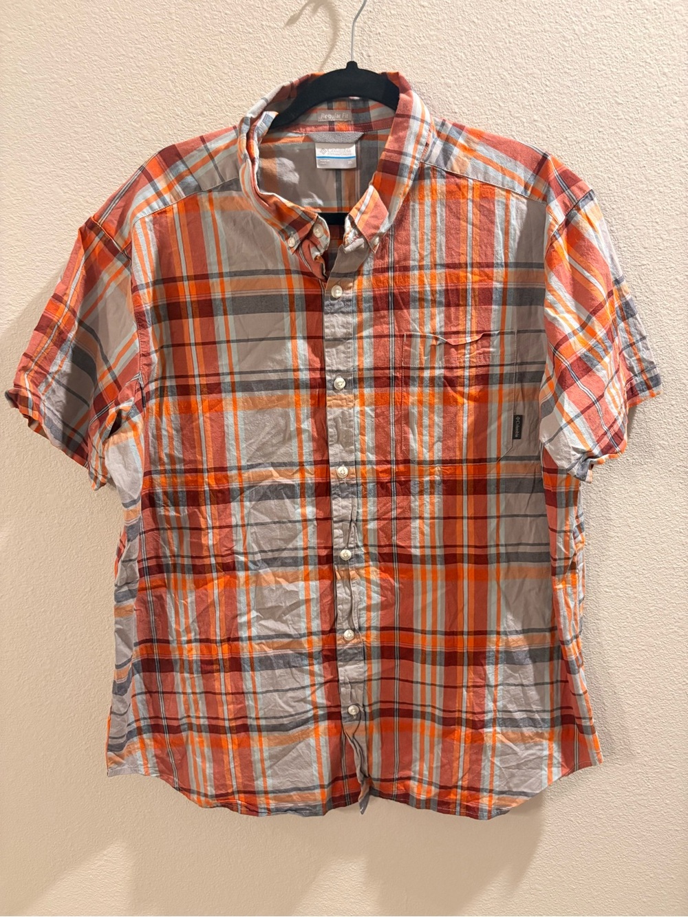 Columbia Men's Short-Sleeve Plaid Button-Down Shirt - Orange & Gray Regular fit